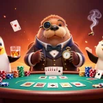 MPO08 players bluffing at an interactive poker table, showcasing vibrant gameplay dynamics.