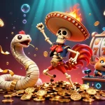 Join the fun with UGDEWA as a skeleton mariachi rooster celebrates on coins in this vibrant casino scene.