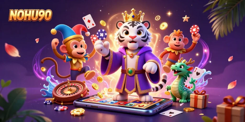 Experience the excitement of NOHU90 with a vibrant casino illustration featuring a white tiger, monkey, and dragon.
