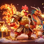 Musang178 mempersembahkan ilustrasi 3D dari seekor ayam petarung hebat dan naga bersenjata, dikelilingi harta karun dan elemen kasino.