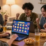 Friends enjoying osaka88 slot games together in a cozy setting, cheering for wins and sharing snacks.