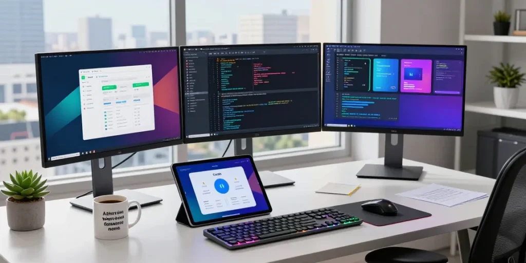Workspace showcasing a developer using Crush AI with multiple monitors and modern gadgets in a bright tech environment.