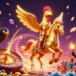 Win big at RR88 with a vibrant scene featuring a golden rooster and magical casino elements.