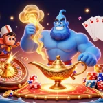 Experience thrilling action with ASIALIVE88's vibrant casino scene, featuring a magical genie and poker elements.