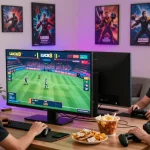 Friends enjoying a thrilling LUCK8 gaming experience in a lively living room.