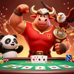 Win big with angsa4d as the bull mascot celebrates alongside characters at a vibrant casino.