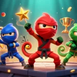 Makeshaper showcases vibrant ninja chameleons amidst spinning slot reels and golden coins in a dynamic casino scene.