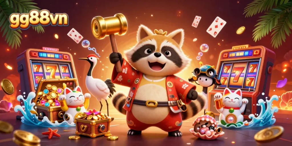 Experience winning at gg88vn with lucky tanuki, vibrant maneki-neko, and colorful casino game elements.