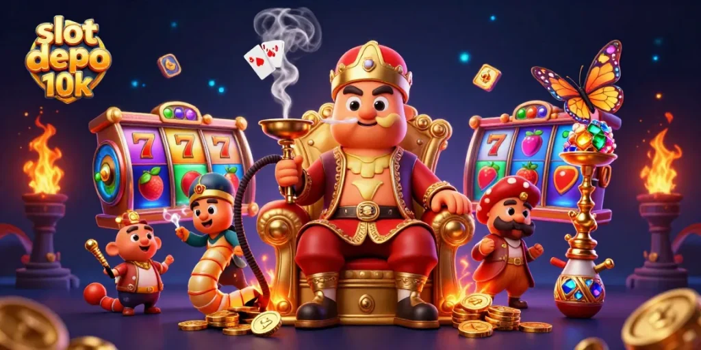 Spin the reels for jackpots at slot depo 10k with a whimsical 3D casino scene.