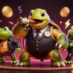 Engage with SHBET's thrilling casino scene featuring a massive snapping turtle in a stylish suit and crypto coins.