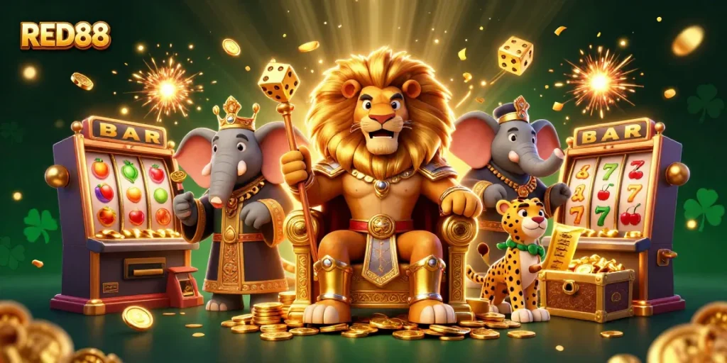 Experience thrilling slots and jackpots at RED88 casino, with vibrant characters and dynamic game elements.