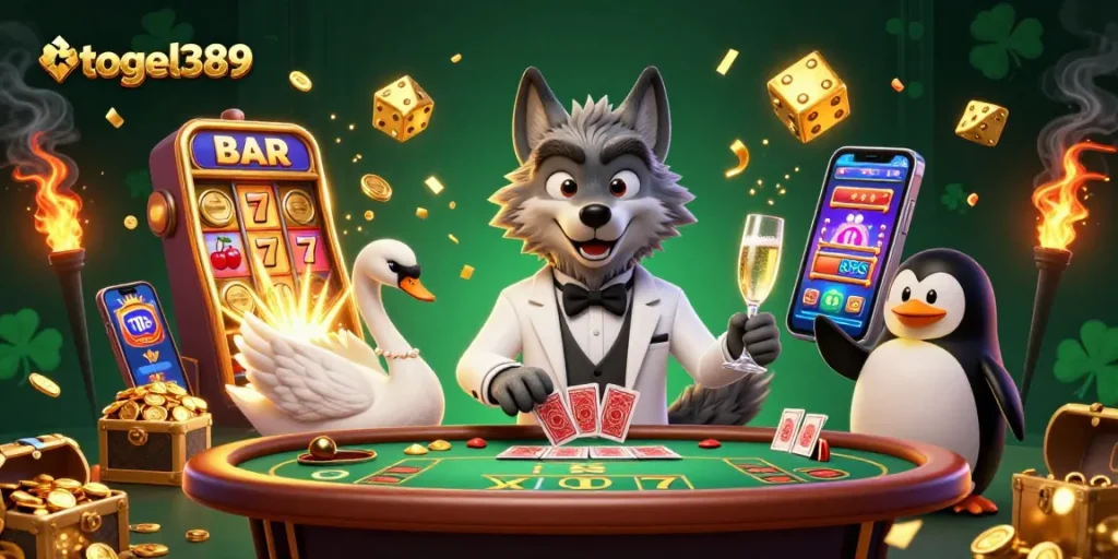 Experience high-stakes action at togel389 with a debonair wolf, elegant swan, and sophisticated penguin.