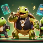 Engage with GO88's vibrant casino scene featuring a snapping turtle and bullfrog enforcers surrounded by crypto coins.