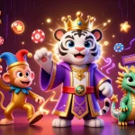 Experience the thrill of IDNSCORE with playful characters amidst lively gaming elements.