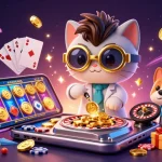 GG8 features a mad scientist cat and assistant dog amidst colorful casino elements, showcasing vibrant slot action.