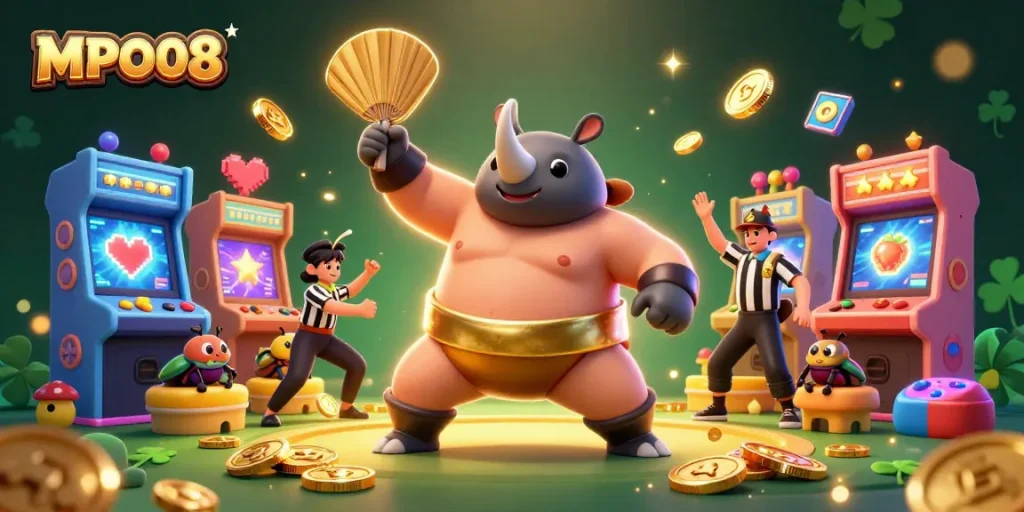 Experience thrilling gameplay with MPO08's engaging characters in a vibrant 3D casino scene.