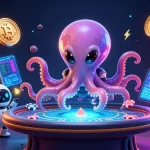 Engage with rr88 com at this vibrant casino scene featuring a futuristic octopus dealer.