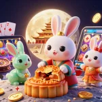 Bet on miami4d6, where a moon rabbit reveals hidden poker chips in a vibrant casino scene.