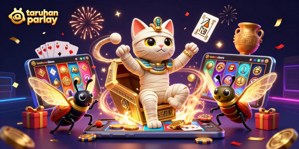 Visualisasi taruhan parlay dengan karakter menarik yang mempromosikan peluang menang di kasino online.