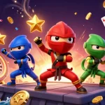 Experience thrilling gameplay with CM88 through an action-packed scene of a ninja chameleon team amidst casino elements.