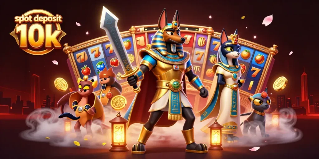 Engage with the thrilling slot deposit 10k scene featuring Anubis and Bastet amidst dynamic casino elements.