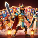 Engage with the thrilling slot deposit 10k scene featuring Anubis and Bastet amidst dynamic casino elements.