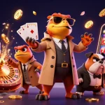 Engage with slot resmi excitement, featuring a playful scene with raptors and casino elements.