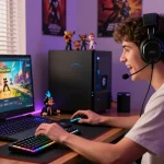 Excited user engaging with Raja Game login on a modern gaming laptop, showcasing vibrant graphics and dynamic gaming atmosphere.