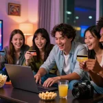 Exciting scene of friends enjoying games at casinos that accept credit cards in a lively home setting.