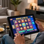 Engaged player enjoying bonus buy slots on a tablet in a modern casino setup.