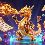 SUNWIN energizes the scene as a golden dragon breathes gears, surrounded by bouncing lottery balls and colorful bingo elements.
