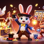 Experience the magic of sun-win as the magician rabbit conjures coins and excitement in a vibrant casino scene.