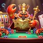 Slot menghidupkan suasana kasino dengan kepiting emas dan elemen permainan menarik.