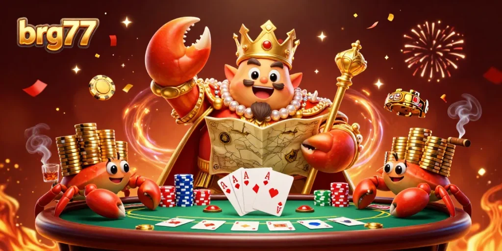 Gamble big with brg77 at a colorful poker table featuring a golden crab emperor surrounded by riches.