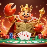 Gamble big with brg77 at a colorful poker table featuring a golden crab emperor surrounded by riches.