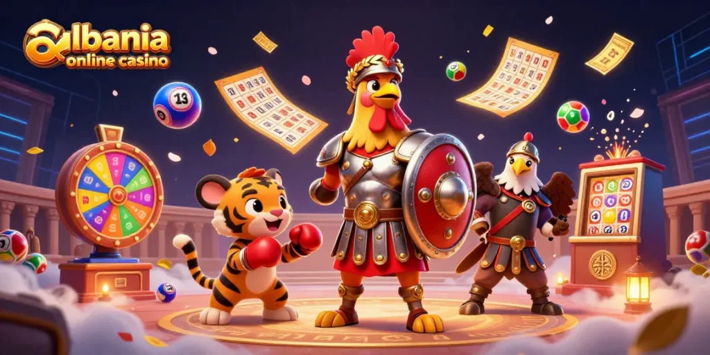 Engage in thrilling albania online casino gameplay with vibrant characters and dynamic game elements.