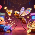 Engage in thrilling casino action as a sun mascot comes to life amidst vibrant gaming elements.