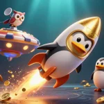 Experience the thrilling universe of sunwin with a golden penguin and crypto elements in a vibrant casino-themed 3D illustration.