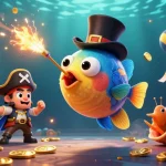 BJ888 ignites excitement with a 3D anglerfish attracting golden coins amid vibrant gambling elements.