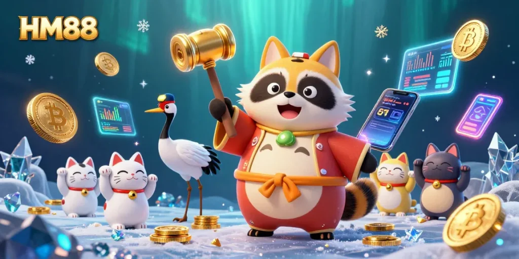 Engage with HM88's exciting gaming features, highlighting cheerful characters and vibrant casino elements.