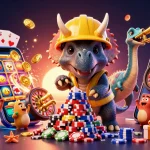 Cổng game Sunwin features a lively scene with cartoon dinosaurs playfully engaging in a vibrant casino environment.