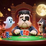 Experience thrilling slot action with BRO138 di Shop Velouria featuring a lively scene of gambling characters.