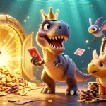 Menangkan slot dengan kartun dinosaurus bermain kartu dan menumpuk chip emas.