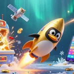 Join the excitement at alo789 as a golden penguin soars toward a casino station, surrounded by coins and festive symbols.