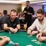 Pengalaman seru bermain poker88 di kasino, pemain fokus di meja poker dengan tumpukan chip.
