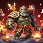 Memenangkan jackpot di slot resmi dengan golem penjaga dan peri sihir, memancarkan koin berkilau.