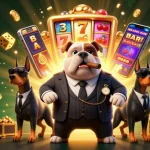Experience excitement at situs gacor with a lively scene featuring a mafia bulldog and dynamic slot elements.
