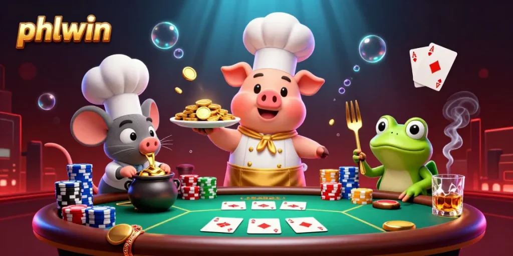 Experience phlwin's vibrant gaming atmosphere with lively cartoon characters in a casino-themed 3D illustration.