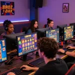 Engaged players enjoying thrilling Pragmatic Play slots on LOKET88 platform, showcasing vibrant gaming atmosphere.