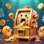 Experience the excitement of situs slot gacor with a golden slot machine hitting the jackpot amidst a burst of coins and crypto elements.